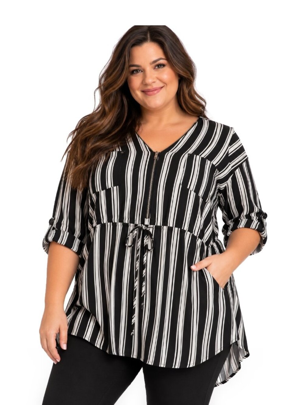 Torrid Black White Striped Zip Front Tunic Blouse Drawstring Roll Tab Top